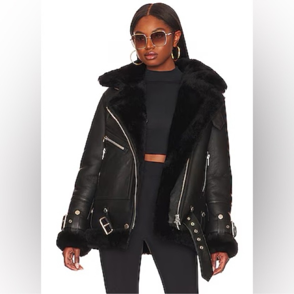 NWT REBECCA MINKOFF Black Faux Leather Oversized Shearling Moto Jacket